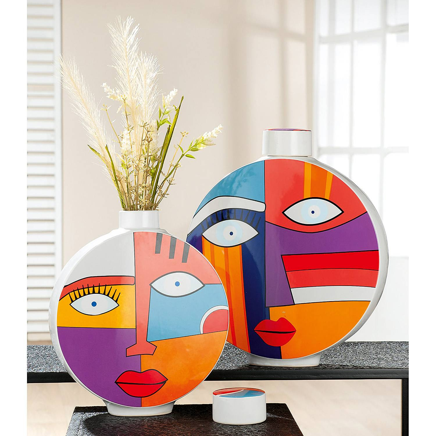 home24 Vaas Grafic Face keramiek multicolor Diameter: 29 cm
