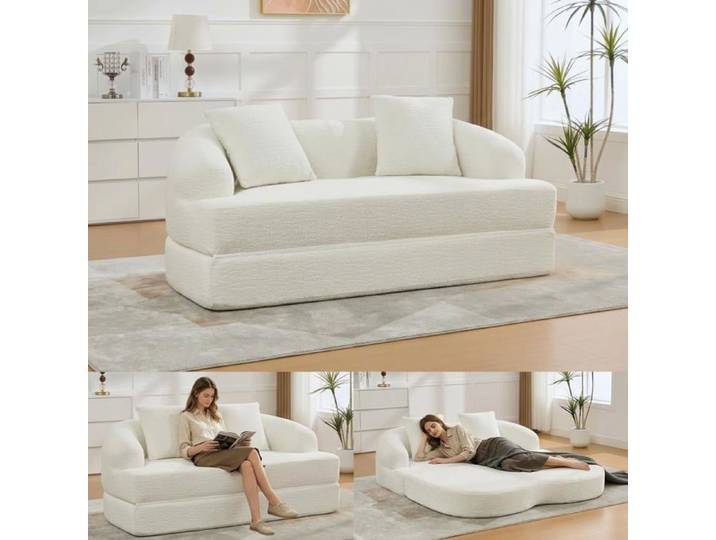 Canapé Convertible 2 Places Canapé Lit Moderne Velours Chenille Canapé Compressé avec 2 Coussins Clic-Clac Escamotable 157cm Beige