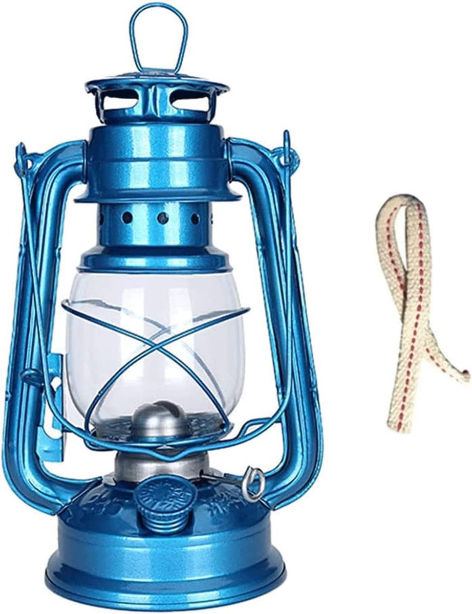 Antieke blauwe glazen olielamp hangende lantaarn voor sfeerverlichting buiten, Hoogte: 25 cm