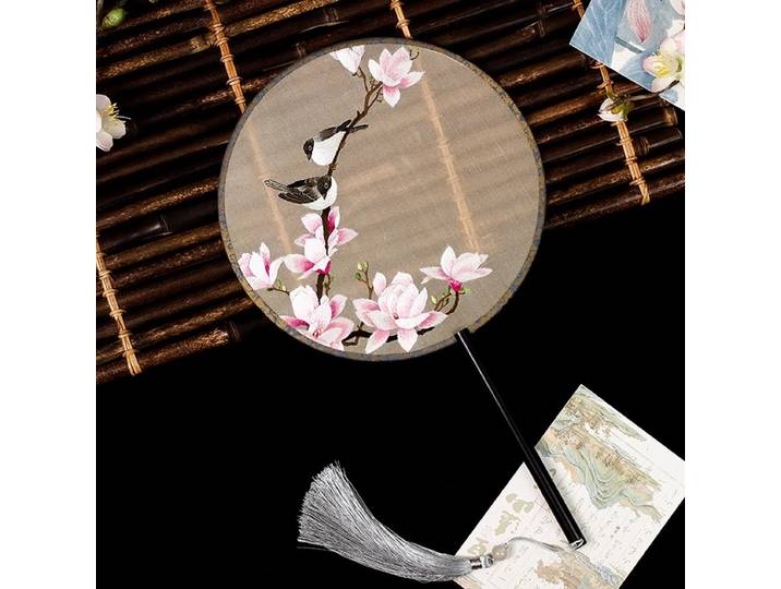 Éventail de broderie classique chinois double face fait à la main Éventail rond en soie Hanfu pour femme Éventail de danse de mariage de mariée vintage