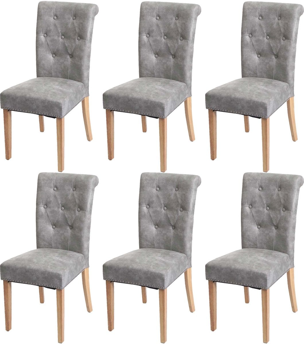 Set van 6 Chesterfield II eetkamerstoelen met studs, lichtgrijs textiel, lichte poten