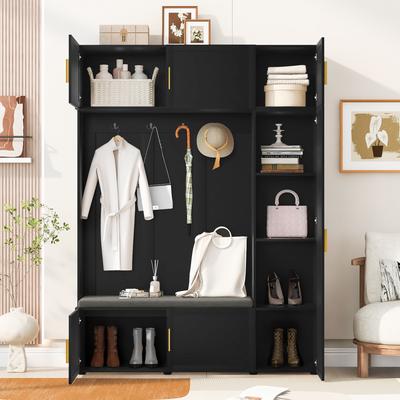 AISWORD American Style 4-in-1 Hall Tree with Padded Bench, 4 Hooks, and Multi-Tier Storage Shelves