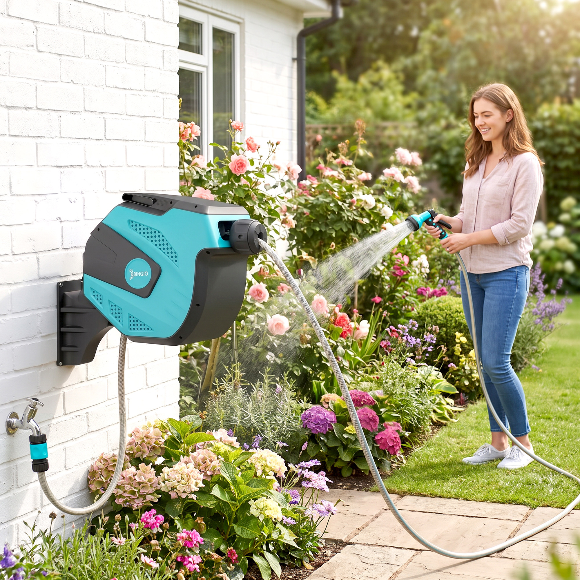 Durhand Avvolgitubo Orientabile a Parete con cassetta, Antigelo Multispray, 15m, Verde e Nero