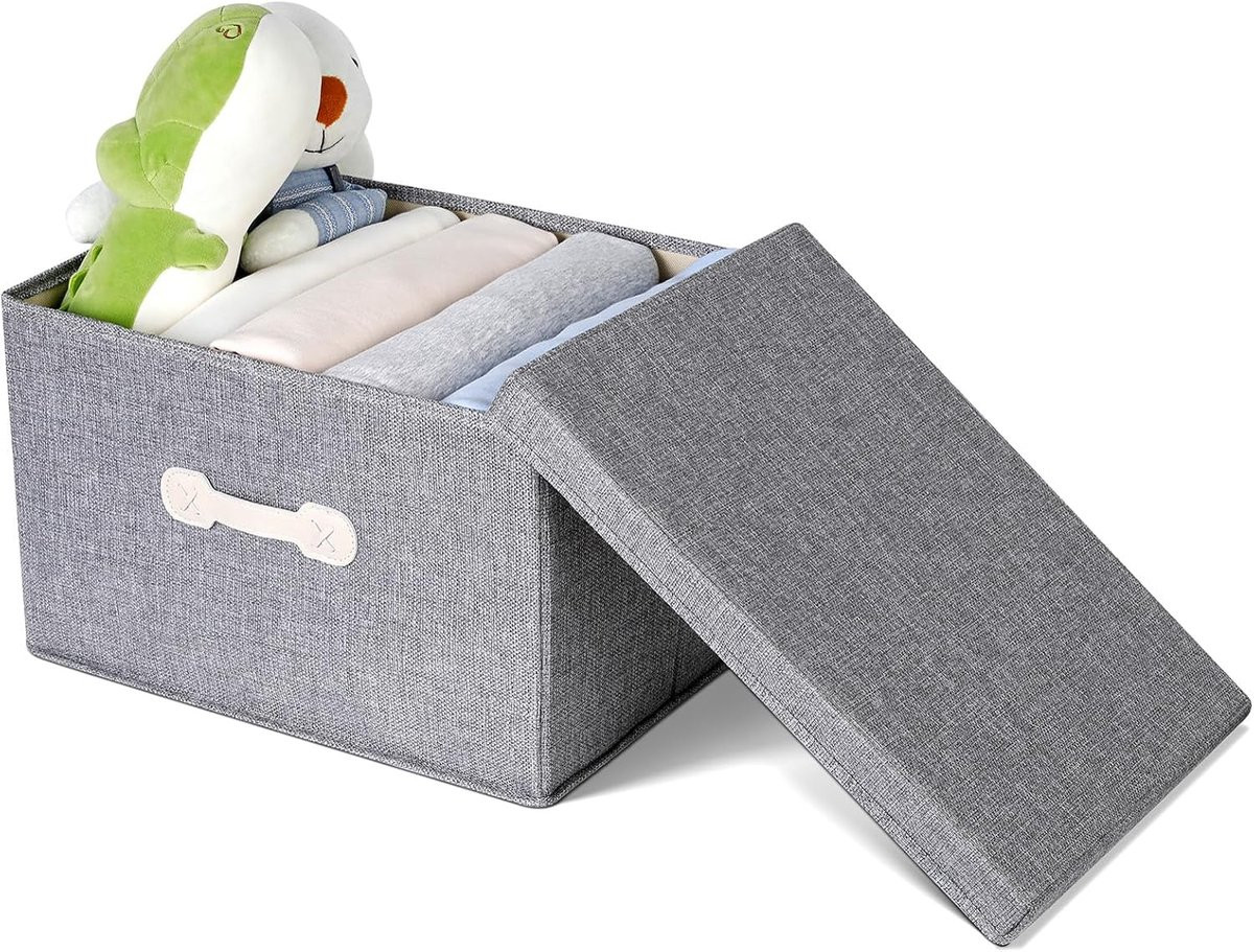Stapelbare en opvouwbare textiele opbergdoos met deksel en handvatten voor volwassenen