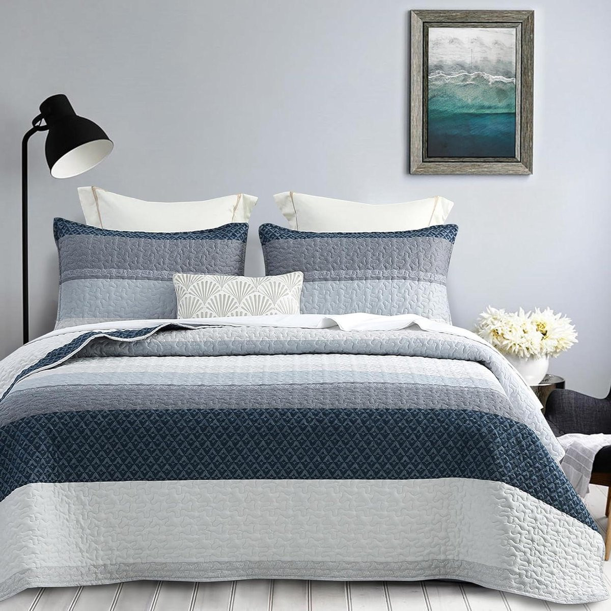 Blauwe Gestreepte Quiltset met Patchwork Patroon voor Queen Bed