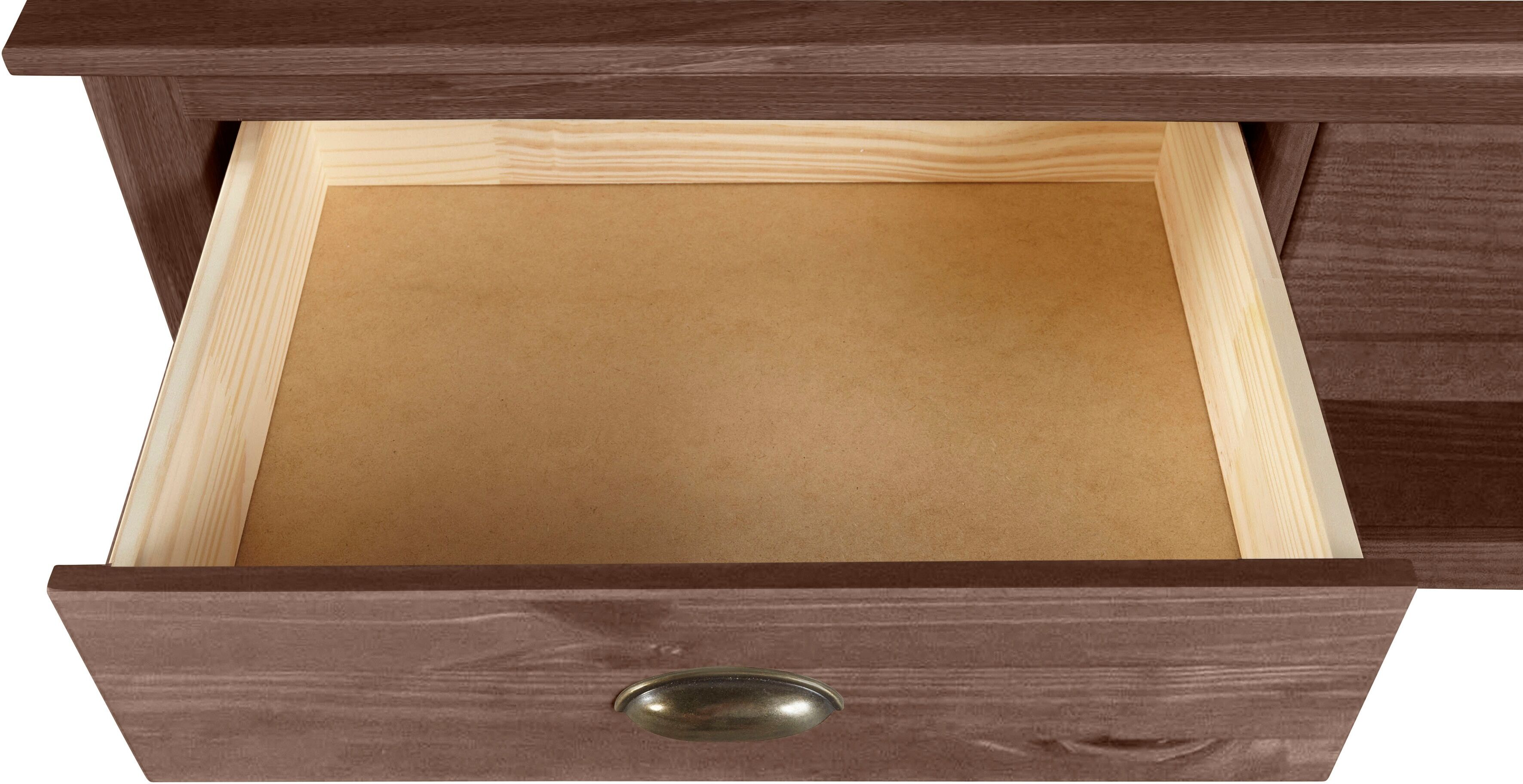 Couchtisch GOODPRODUCT "Schröder", braun, B:110cm H:45cm T:50cm, Tische, Couchtisch, mit 2 Schubladen und 1 Einlegeboden, aus massivem Kiefernholz braun B/H/T: 110cm x 45cm x 50cm