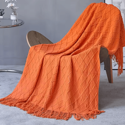 Inspire Curations Mustard Yellow Geometric Knitted Throw Blanket With Fringe diamond Orange 127x180cm