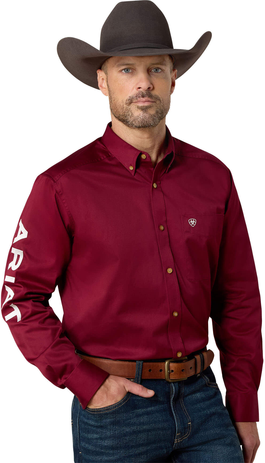 Men's Team Logo Twill Classic Fit Shirt in Burgundy Cotton, Size: XL by Ariat