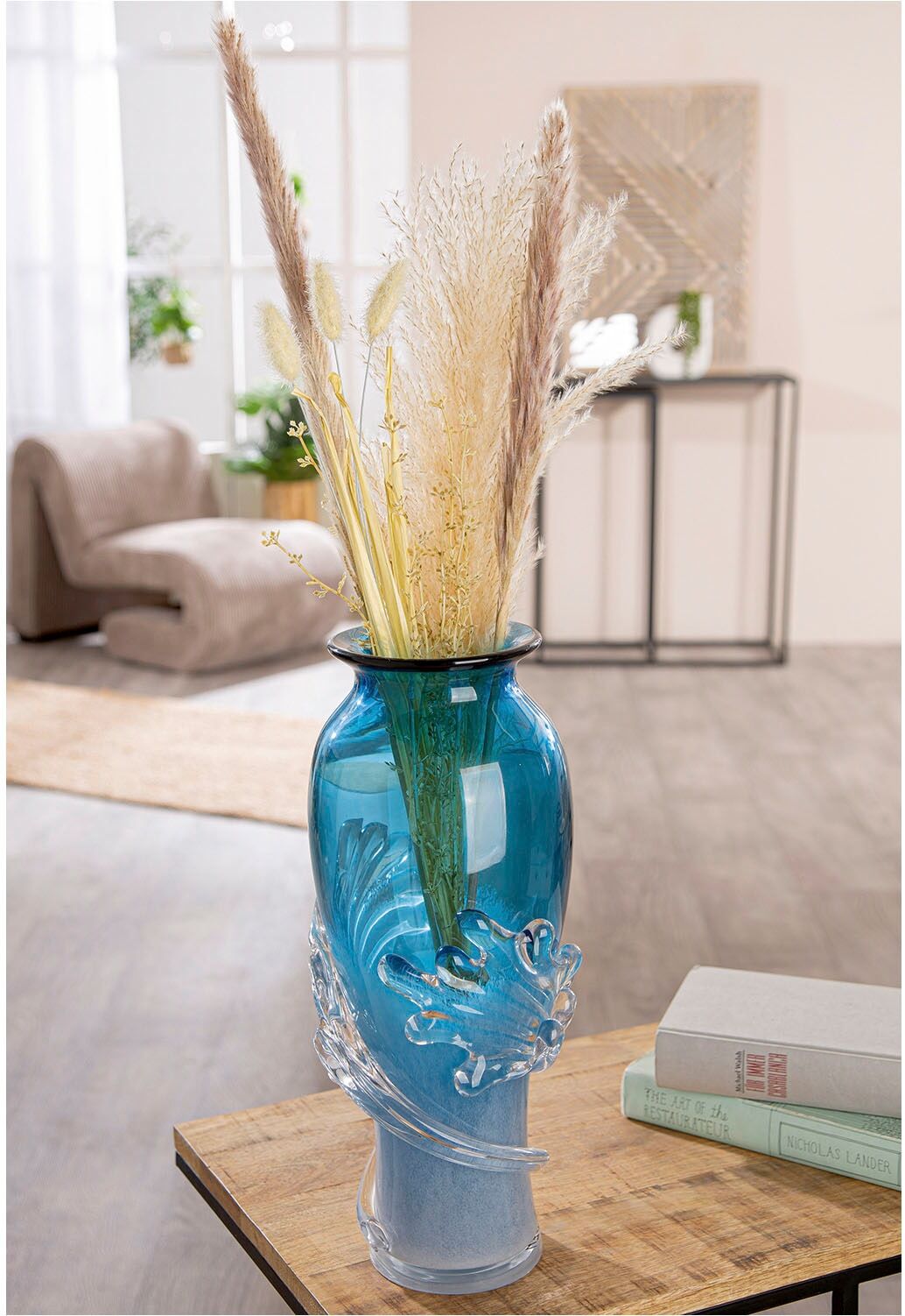 Tischvase CASABLANCA BY GILDE "Vase Wave blau", blau, B:19cm H:40cm T:19cm Ø:19cm, Glas, Vasen, Tischvase blau B/H/T: 19cm x 40cm x 19cm Ø 19cm