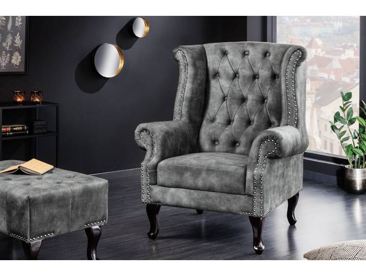 riess-ambiente Ohrensessel CHESTERFIELD 105cm grau / dunkelbraun (Einzelartikel, 1-St), Wohnzimmer · Samt · Holz · Relax · Schlafzimmer