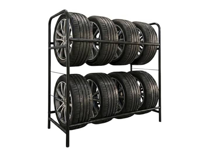 Relaxdays Étagère à pneus pour 8 pneus\, 2 niveaux\, acier noir\, 200 kg H x L x P : 106 x 106 x 46 cm