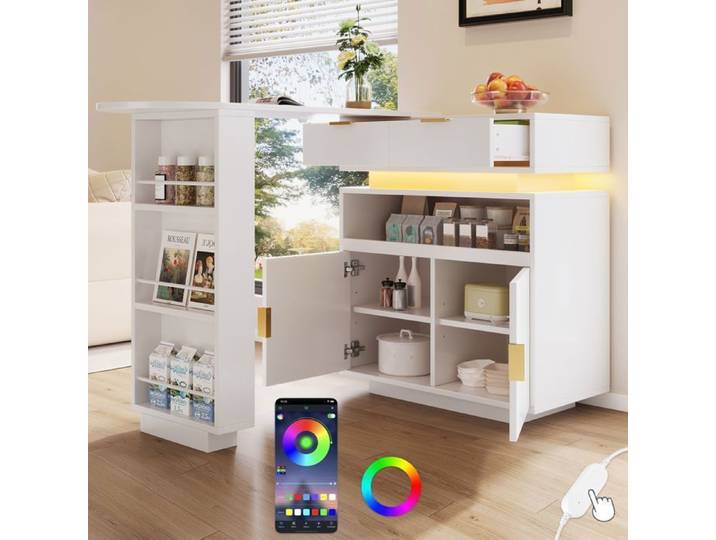 Îlot Bar Extensible 115-183x40x99 5cm Table Haute avec Rangement LED Bluetooth Rotation 360° Desserte Cuisine Blanche