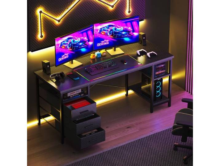 Bureau Gaming-Bureau avec rangement 3 Tiroirs en Tissu 140 × 60 ×75 cm B-3 étagères Bureau Gamer Brun
