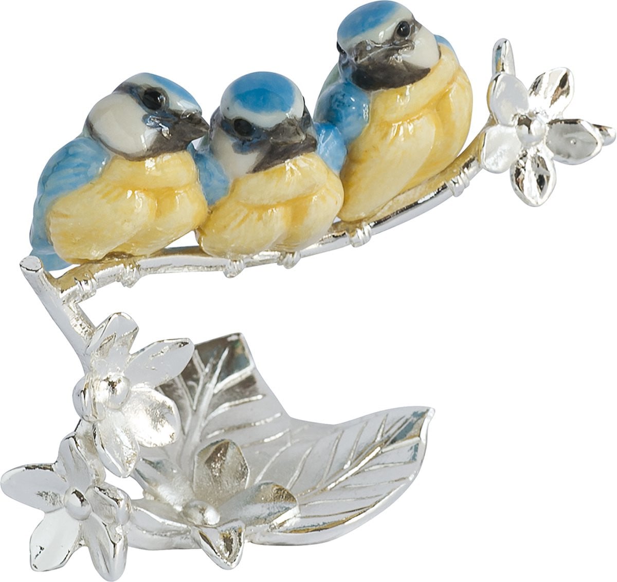 Arora Design MadDeco beeldje met drie jonge pimpelmeesjes op voetstuk, verzilverd