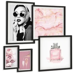 BILDER SET 5er Set - 50x50 cm & 20x30 cm & 40x60 cm Schwarzer Rahmen - Stilvolle pinkfarbene Accessoires