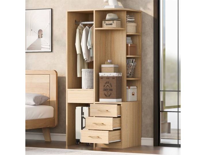 Armoire Penderie Ouverte 70x55x175 cm - armoire de chambre avec 3 Tiroirs et Étagères d'Angle - Naturel
