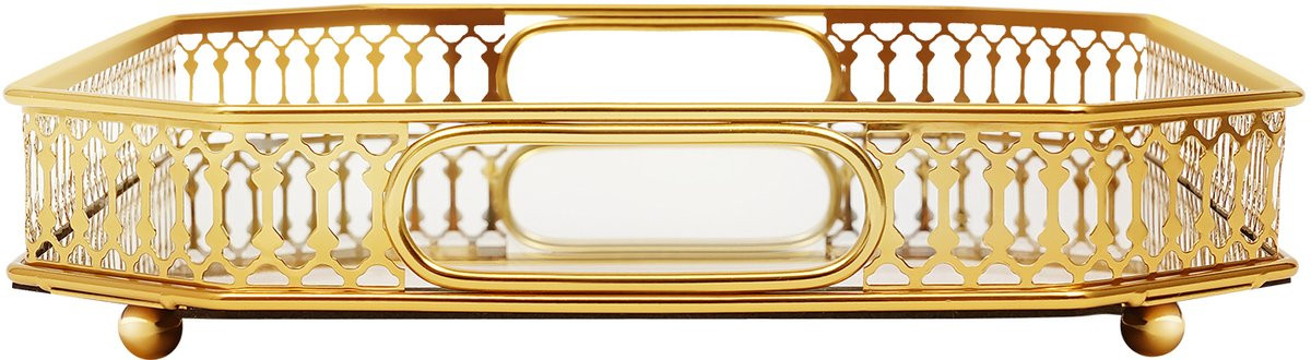 Premium rechthoekig cosmetica dienblad van goudkleurig smeedijzer en glas