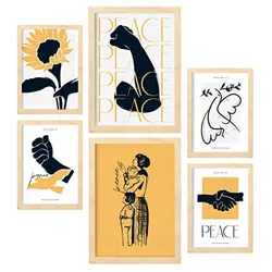 POSTER Set Mit 6 In Schwarzer Tinte Frieden Und Kraft Kunstdrucke Von Meer Und Ozean Für Innenarchitektur A3 & A4 Rahmen Aus Hellem Holz