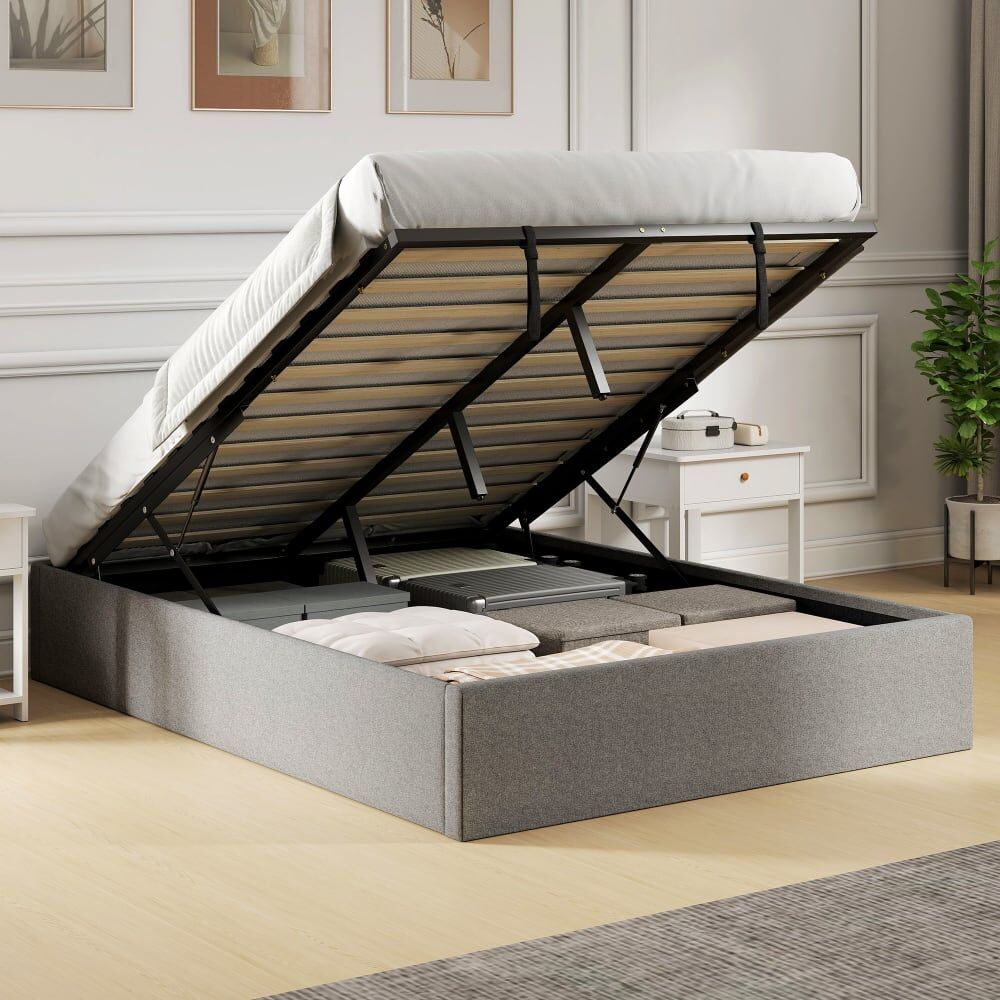 Homcom Lit coffre 140 x 190 cm rembourré sommier à lattes en bois gris Gris 197x28x140cm