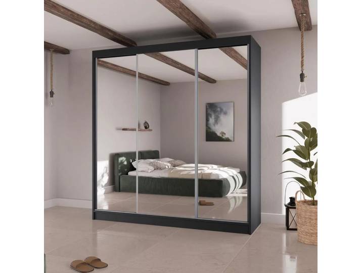 Schiebetürenschrank HOMA II 200 cm - Schwebetürenschrank mit Spiegel und Schubladen, Schrank in Schwarz