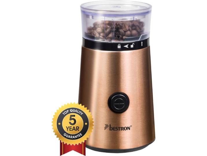 Bestron ACG1000CO Elektrische Koffiemolen â€“ 150W â€“ RVS Messen â€“ 50 g Capaciteit â€“ Koperkleur â€“ Voor Koffiebonen & Kruiden - 5 jaar garantie