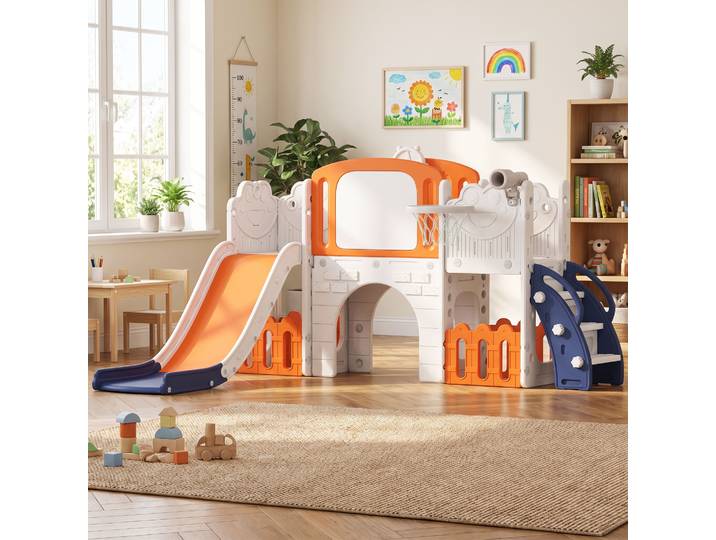 AIYAPLAY Toboggan Enfant 7 en 1 Orange Rangement Basket Tunnel