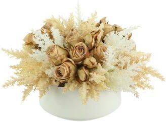 Creative Labs Dried Rose and Pampas Floral Arrangement in a Round Ceramic Vase - White, Beige