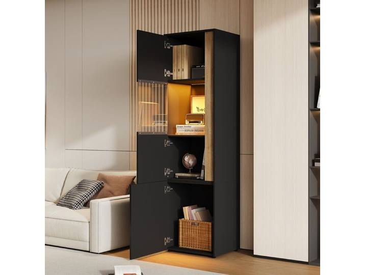 Vitrine LED- meubles de rangement-armoire haute -2 portes- Convient pour les salons-les bureaux et les cuisines-Noir + naturel