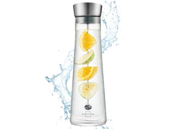 SILBERTHAL Waterkaraf van glas met fruitinzet - 1 liter - roestvrij stalen deksel opent met kanteling - glazen karaf