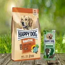 Happy Dog Premium NaturCroq Rind und Reis 15 kg + Happy Dog Dental Sticks *geschenkt*