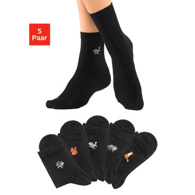 Socken H.I.S "Lustige Damensocken, Kindersocken mit Stickerei Motiven", Damen, Gr. 35-38, schwarz, Baumwolle, Elasthan, Polyamid, uni und gemustert, normal, Socken Socken, mit hochwertiger Stickerei, Baumwollsocken