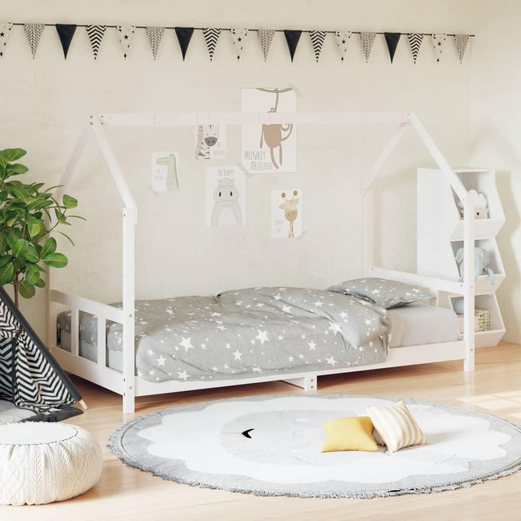 Weißer Kinderbettrahmen aus massivem Kiefernholz, 90x190 cm, mit Lattenrost und einfacher Montage für Schlafzimmer, Hotel und Wohnheim