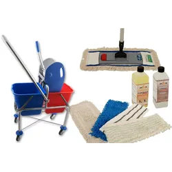 Axis Line Wischmop Komplettset mit Doppelfahrwagen extra hoch und Ersatzmöppe und 2 x Profi Reinigungsmittel 40cm breit