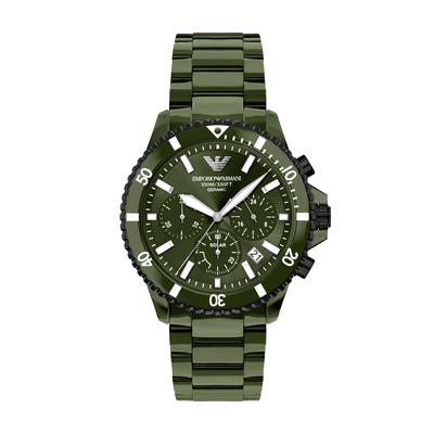 Chronograph EMPORIO ARMANI "WORLD EXPLORER", grün (grün, grün, grün, grün), Armbanduhren, Herren, grün, Chronograph, Armbanduhr, Solar, Keramik, analog, Tag, Stoppfunktion
