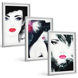 BILDER SET 3er Set - 40x60 cm Silberner Rahmen - Porträts von Frauen mit Lippen