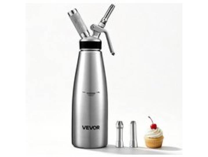 VEVOR Sahnespender-Set 1 L Edelstahl Sahnebereiter mit 3 Dekorierdüsen, für Hobbybäcker Cafés, nur für N₂O-Kapseln (Separat Erhältlich), Schlagsahne in 60 Sek., 3 Düsen und Reinigungsbürste inkl.