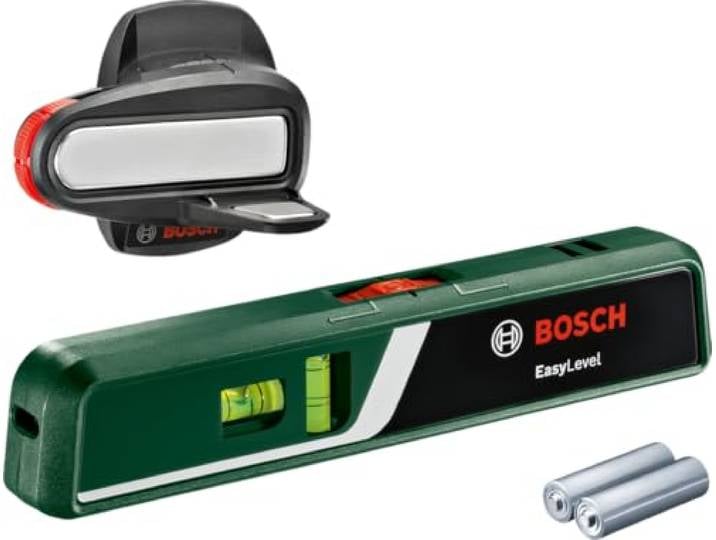 Bosch Niveau laser à bulle EasyLevel avec support mural (ligne laser pour un alignement flexible sur les murs et point laser pour un transfert de hauteur facile\, dans boîte carton pour e-commerce)
