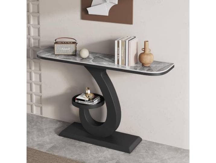 Moderner Konsolentisch mit Sinterstein-Platte & Metallgestell, Flurtisch Sinterstein-Platte, Kratzfest, Stabiler Metallrahmen, Modernes Design, Schmales Profil(Black-B,31.5in)