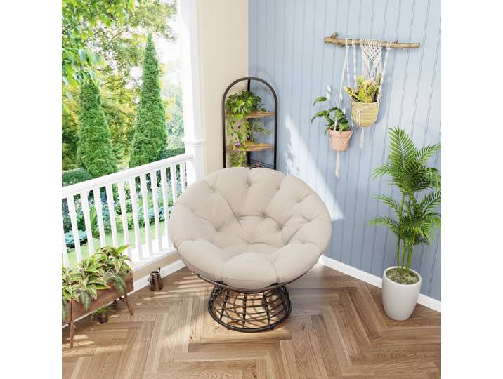 Confortable Wicker ergonomique Papasan Chaise 360° Chaise en rotin intérieur pivotant avec coussin épais doux Beige