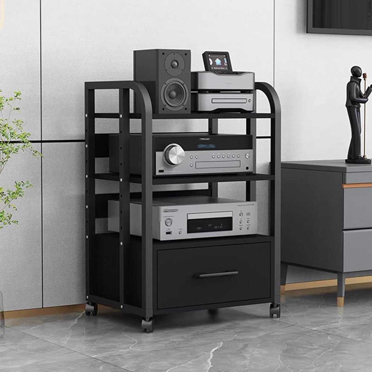 Zwart Audio Rack Mediastandaard met Verstelbare Planken en Achterpaneel, Hoogte: 79 cm