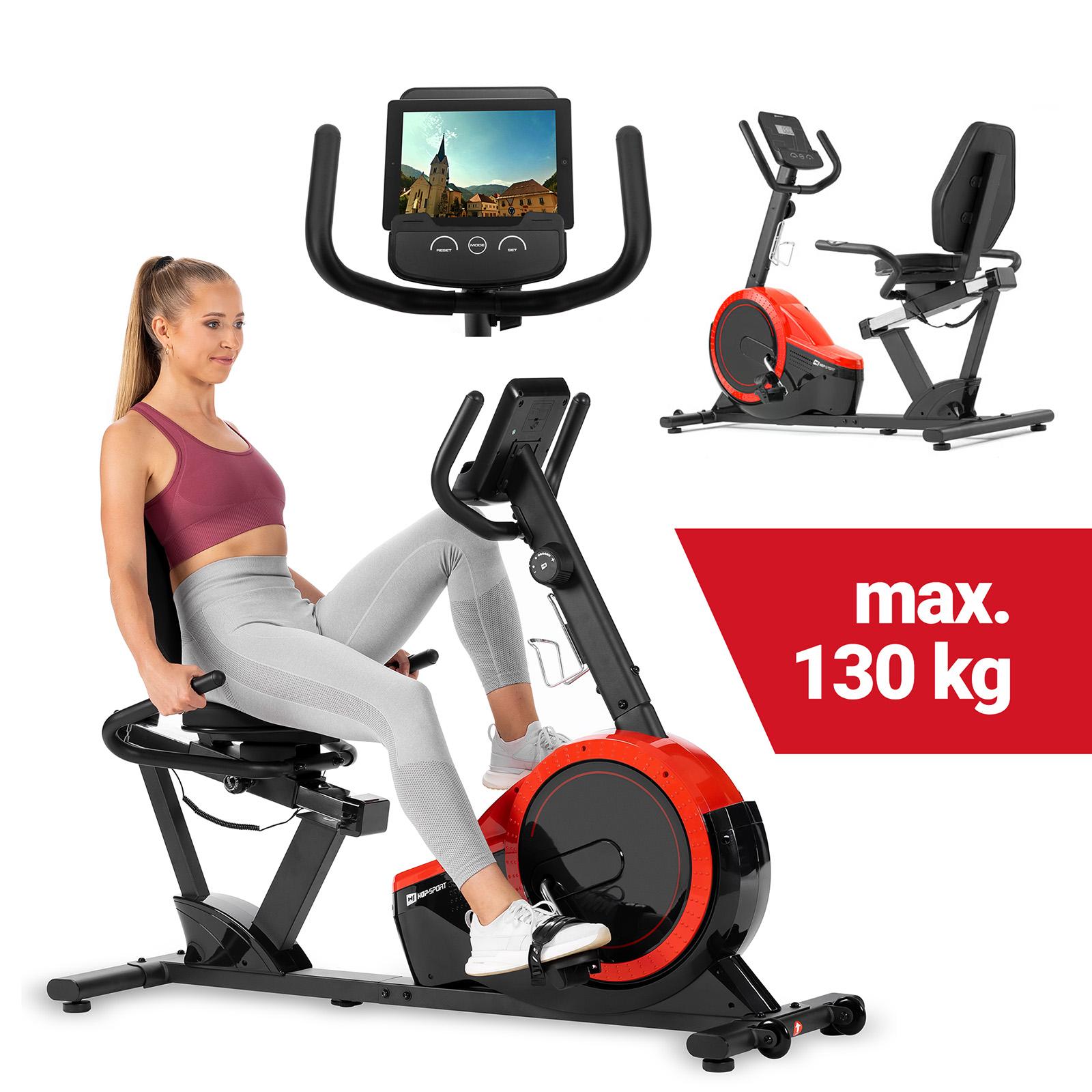 Hop-Sport Liegeergometer HS-060L - Liegeheimtrainer mit Handpulssensoren, 15 kg Schwungmasse, 8 Widerstandsstufen - Sitzergometer für Senioren max. Benutzergewicht 130 kg rot