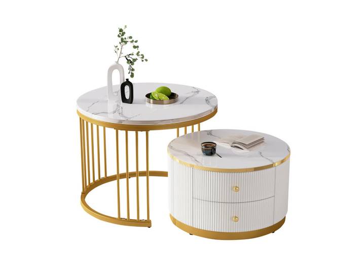 Flieks Couchtisch SET 2-Teilig Nestform Hochglanz Marmoroptik 2 Schubladen Weiß, Holz, 68.58x38.99x68.58 cm, Wohnzimmer, Wohnzimmertische, Couchtische