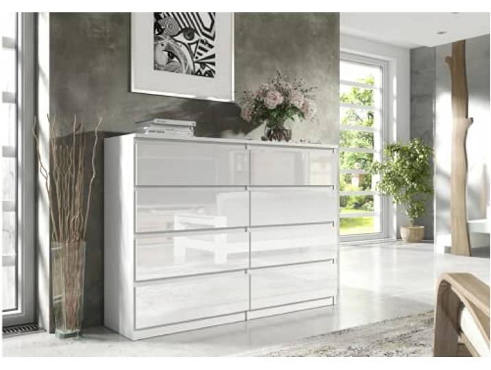3xE Living Kommode 140 cm mit 8 Schubladen in Weiß/Weiß in Hochglanz