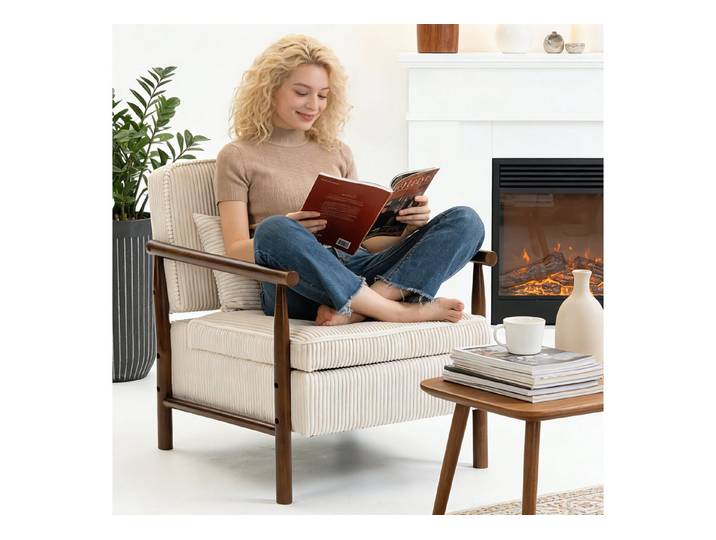 KLAM HOME Relaxsessel Sessel Weißer Samt Holzkonstruktion (Mittelalterlich Moderner Akzentstuhl mit Lendenpolster), Polsterlesesessel Wohnzimmer Schlafzimmer Wintergarten