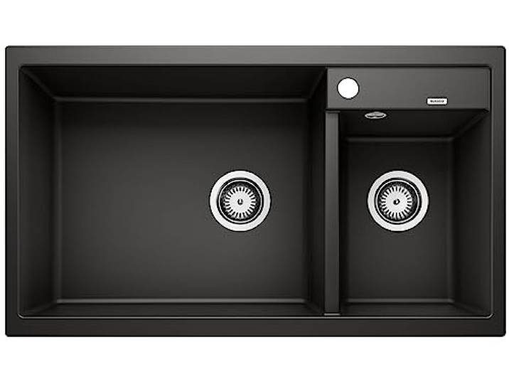 BLANCO METRA 9 Granitspüle aus SILGRANIT schwarz [86x50x20,2 cm] für 90 cm breite Unterschränke benutzerfreundliches Doppelbecken Hauptbecken links