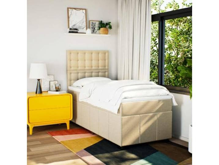 KTHLBRH Boxspringbett mit Matratze Creme 80 x 200 cm aus Stoff Verstellbares Kopfteil, inklusive Matratzenschoner, Lattenrost inklusive, individuelle Unterstützung