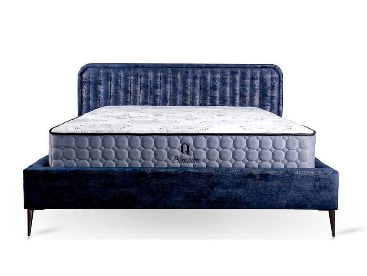 JVmoebel Polsterbett Blaues Holz-Doppelbett mit Polsterstoff und Edelstahlfüßen, Made in Europa