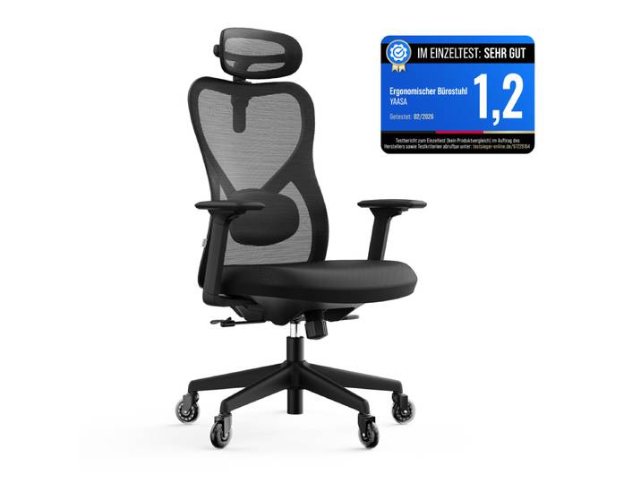 Ergonomischer Bürostuhl mit 2D-Lordosenstütze und 4D-Armlehnen, Schwarz - Yaasa Chair Plus mit Flüsterrollen