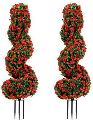 Costway Set of 2 Artificial Spiral Topiary Trees with Sun Protection and Ground Spikes-Red