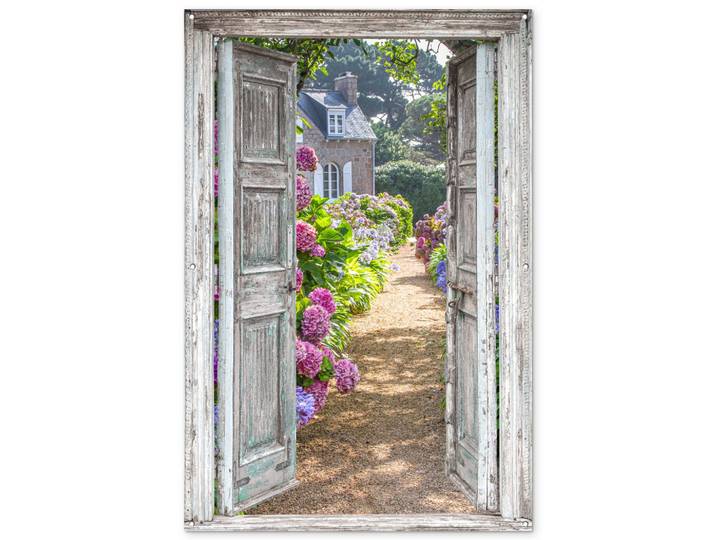 OnlyWow Gartenposter Durchblick - Hortensie - Blumen Bild 120x180 cm, Hellgrau, Kunststoff, Rechteckig, 120x180x0.2 cm, Bilder & Rahmen, Bilder, Sonstige Wandbilder